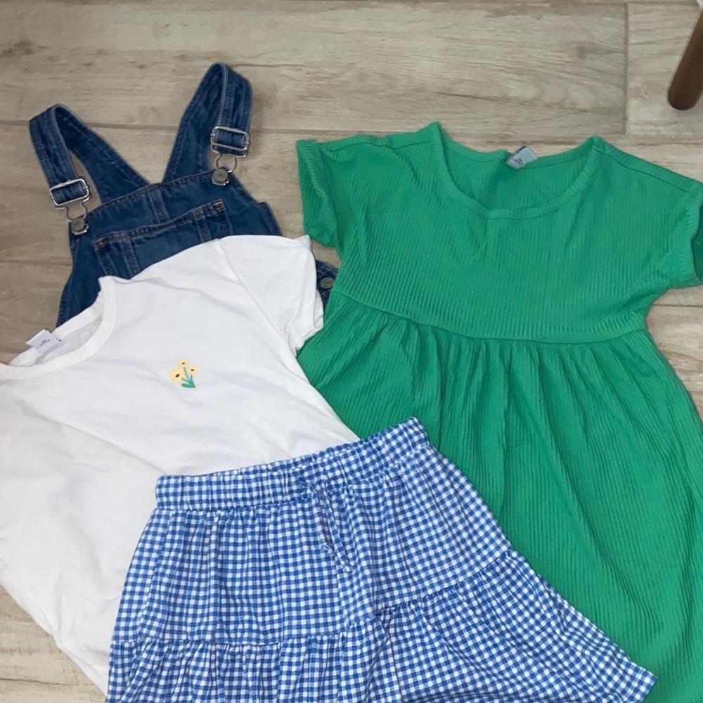 GAP Girls 5T Denim Overalls Dress White Blue Gingham Skirt Skort Outfit Green